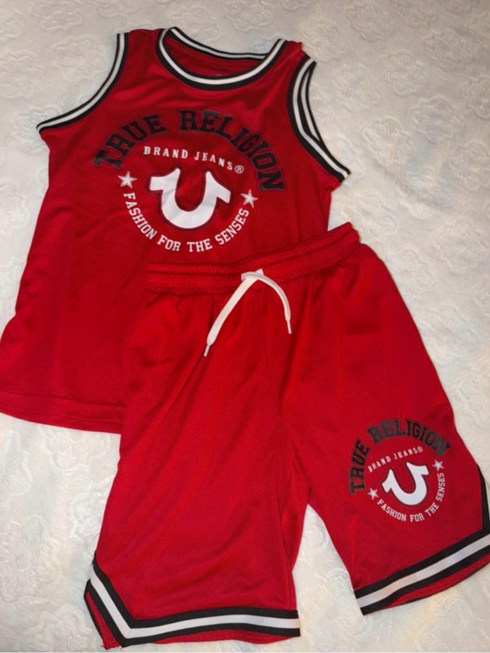 True Religion Red Tank Top and Shorts Set with Black & White Trim